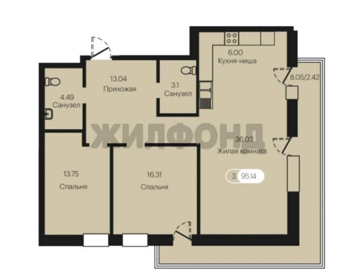 3-комн квартира в новом доме Авиаторов улица, д.3